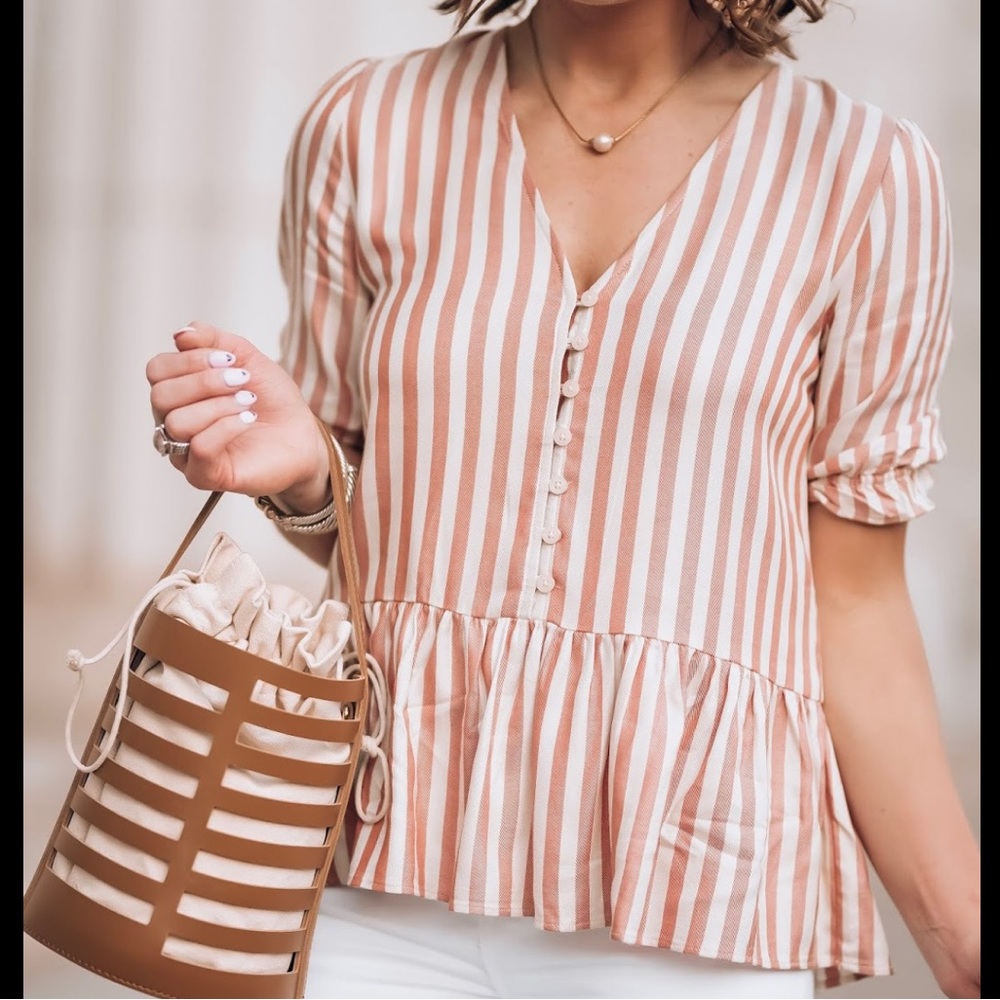 Madewell Courtyard Ruffle Hem Peplum Striped Short Sleeve Top Size Small